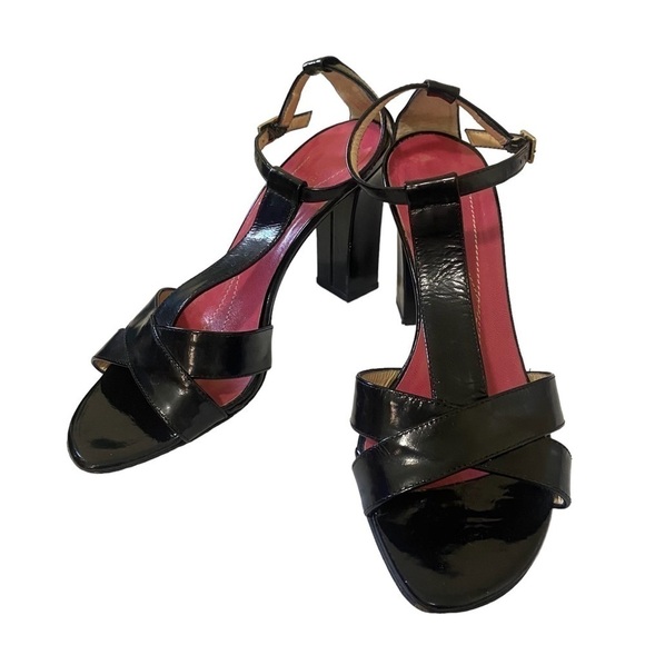 Kate Spade Lucinda T-Strap Black Patent Leather Chunky Heeled Sandal Size 5 - Picture 1 of 8